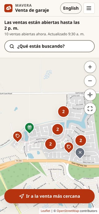 El mapa de ventas en un teléfono: el horario arriba, un botón para buscar, pines en las calles de Mavera y un botón grande para ir a la venta más cercana abajo.