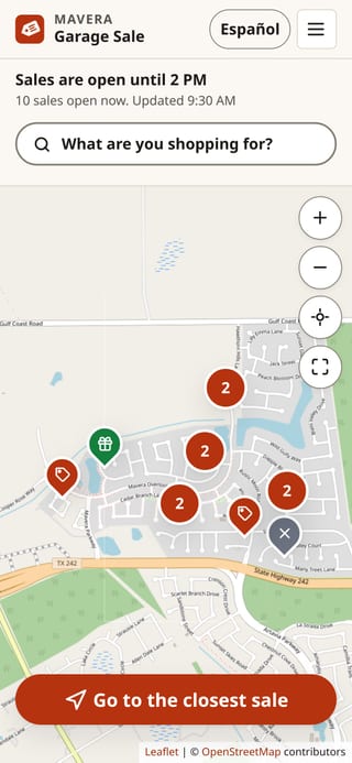The sale map on a phone: the opening hours at the top, a search button, pins on Mavera's streets, and a big Go to the closest sale button at the bottom.